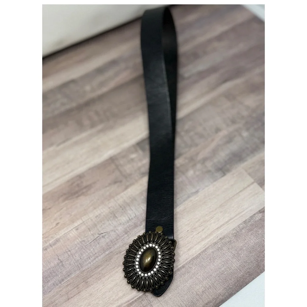 Vtg Amanda Smith Black Leather Belt Statement Rhinestone Buckle Rustic Western M